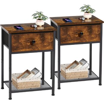 Набір з 2 тумбочек, Бічний столик з тканинними шухлядами, Тумбочка з 2 полицями, Тумбочка для спальні, Вітальні, Індустріальний стиль, 40 x 30 x 55 см Вінтажний коричневий EHET03SDBR