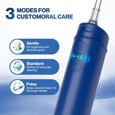 Портативний іригатор для зубів, 6 насадок у комплекті, USB-C зарядка, 3 режими тиску, ідеальний для подорожей (Колір Морський)