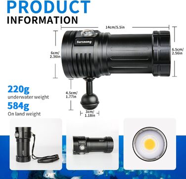 Підводний відеоліхтар L12 7500 люменів - Професійний відеоліхтар для дайвінгу з CRI 90, білим світлом 6000K, акумуляторний USB-C, для дайвінгу/підводної фотозйомки (водонепроникність IP68, глибина занурення 100 м) Знімний акумулятор (заряджання через USB-