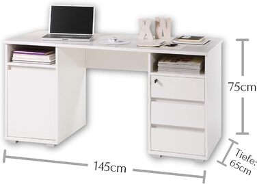 Письмовий стіл PRIMUS з 2 шухлядами, білий - Офісний стіл, комп&39ютерний стіл для домашнього офісу з місцем для зберігання та відкритими полицями - 145 x 74 x 65 см (Ш/В/Г) 145 см білий