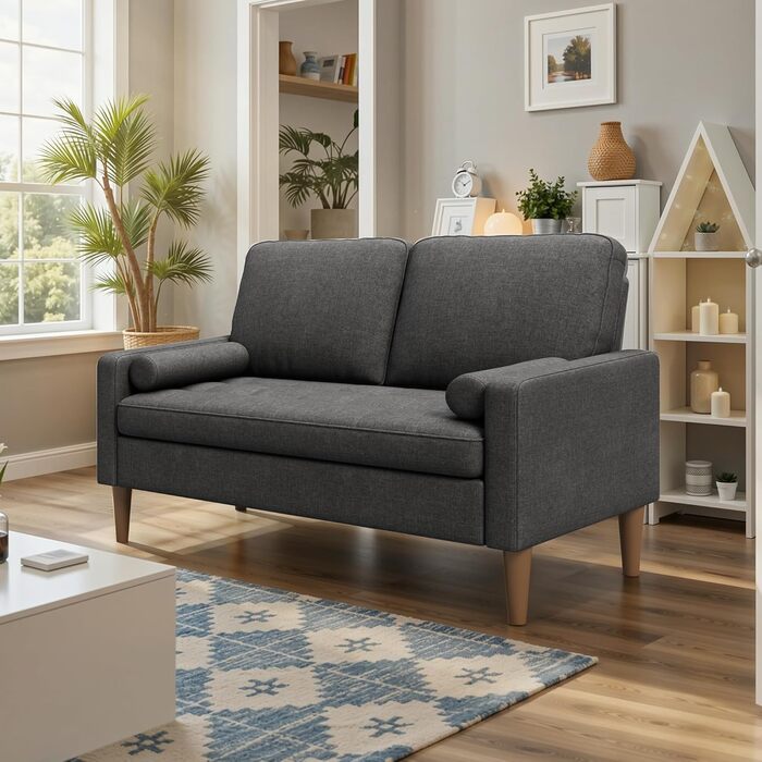 Місний диван, 2-місний диван, маленький диван з 2 декоративними подушками, міні-диван з підлокітниками, для вітальні, спальні, квартири, офісу, 121 x 77 x 87 см, темно-сірий, 2-