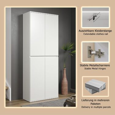 Багатофункціональна шафа - Біла - Шафа з 4 дверцятами, 6 полицями та 1 вішалкою для одягу - (Ш x В x Г) 74 x 191 x 34 см - дверцята без ручок