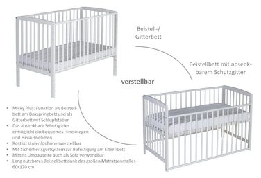 Дитяче ліжечко Micky Plus - Біле - 60120 см - Плавне регулювання висоти 3-в-1 - вкл. боковини та систему ременів безпеки - Ідеально підходить для ліжок Box Spring 124Д x 65Ш x 97В см Box Spring - Біле лаковане одномісне ліжко
