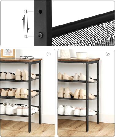 Взуттєва полиця HOOBRO, 4 полиці для взуття, шафа для взуття, регульована металева сітчаста полиця, містка верхня частина, для 12-15 пар взуття, вхід, коридор, індустріальний стиль, вінтажний коричнево-чорний EBF42XJ01 темно-коричневий чорний 75 x 30 x 69