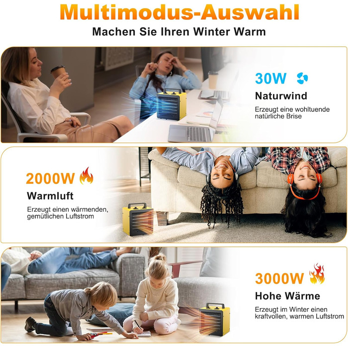 Керамічний вентилятор-обігрівач 3000 Вт, невеликий променевий обігрівач, будівельний обігрівач, осушувач повітря з термостатом та 3 режимами нагріву, вентилятор-обігрівач для ванної кімнати, столу та використання в приміщенні, 3 кВт, жовтий