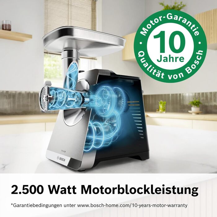 Електрична м'ясорубка Bosch MultiPower Serie 8 MFWS820M, 2500 Вт, нержавіюча сталь, 3 диски (3/4.5/8 мм), насадки для кеббе та ковбас, придатна для миття в посудомийній машині