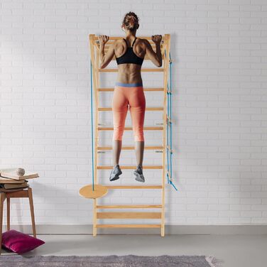 Дерев&39яна стіна для скелелазіння GYMAX, стіна для скелелазіння в приміщенні для дорослих та дітей, гімнастична стіна з турніком, мотузковими сходами та трапецією, стіна для фітнесу, вантажопідйомність до 100 кг, шведські сходи для домашнього використанн