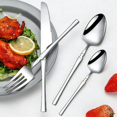 Повний набір столових приборів з нержавіючої сталі, багаторазові столові прибори - 16 предметів столових приборів з нержавіючої сталі, для кухні, обіду, домашнього приготування їжі, обіду, подорожей, кемпінгу