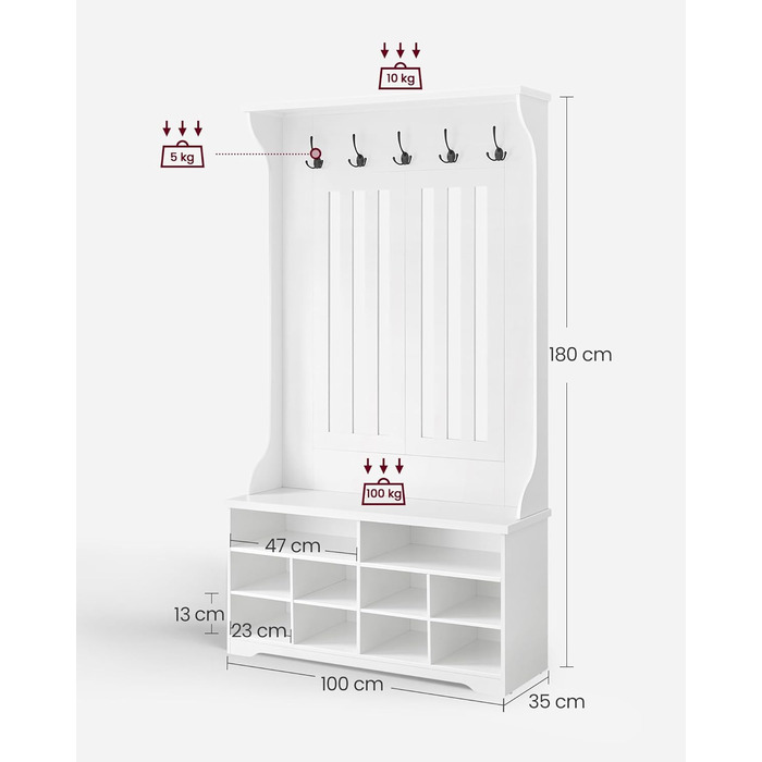 Вішалка для верхнього одягу VASAGLE з лавкою для взуття, шафа, місце для зберігання взуття, 5 потрійних гачків, окремостояча, компактна, для вхідної зони, коридору, регульовані полиці, хмарно-білий HSR404T10