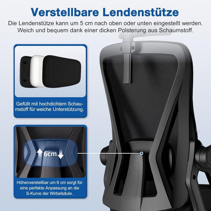 Офісне крісло, ергономічне офісне крісло з регульованим підголівником, підлокітниками та поперековою опорою, обертове робоче крісло з функцією гойдання до 135, крісло керівника, зручне для спини, вантажопідйомність 150 кг, чорний колір, модель I