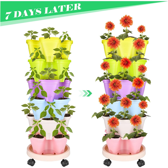 Вежа для рослин WADEO з горщиками, що штабелюються, вертикальний сад з 6 ярусами, горщик для полуниці, трав, квітів та овочів, що штабелюється, економія місця до 12 рослин (різнокольоровий)