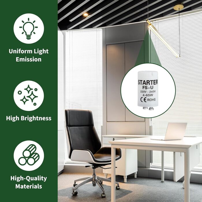 Пакет із 6 стартерів 4-65 Вт, люмінесцентна трубка, сумісна з лампами 4-65 Вт, стартер з тривалим терміном служби для ефективного та безпечного запалювання, 220-240 В, ідеальний для індивідуального перемикання люмінесцентних ламп