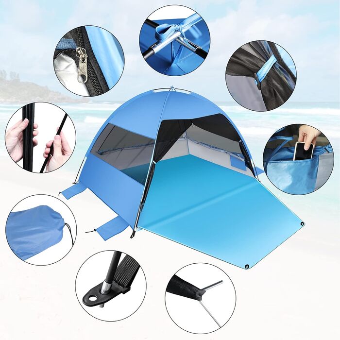 Великий, легкозбірний пляжний намет, із захистом від ультрафіолету, з подовженою підлогою та 3 сітчастими вікнами, що згортаються, для 3-4 осіб, портативний тіньовий намет для активного відпочинку, кемпінгу, риболовлі (синій) Синій 3 особи
