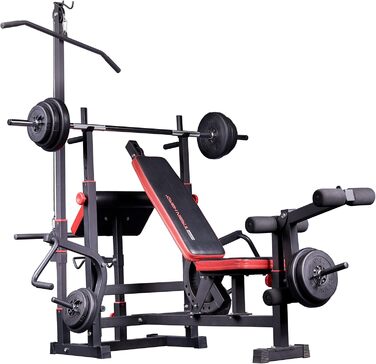 Багатофункціональна силова лава Train Hard з силовою станцією для тяги ширшого хвата, дисками вагою від 90 до 150 кг, штангою та комплектом штанг, що складається зі штанги, гантелей та грифа для згинань рук штанги 100 кг, гантелей та грифа для згинань рук