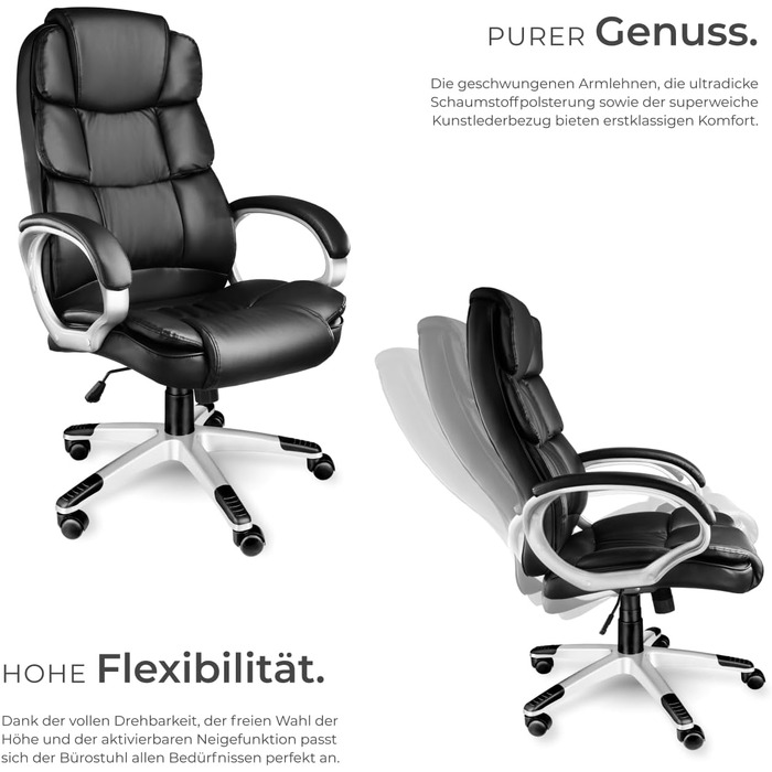 Крісло керівника tectake, офісне крісло з підкладкою 12 см, робоче крісло з підлокітниками та функцією гойдання, ергономічне офісне крісло, регульоване по висоті, ПК-крісло, обертове крісло з колесами, під шкіру - чорне