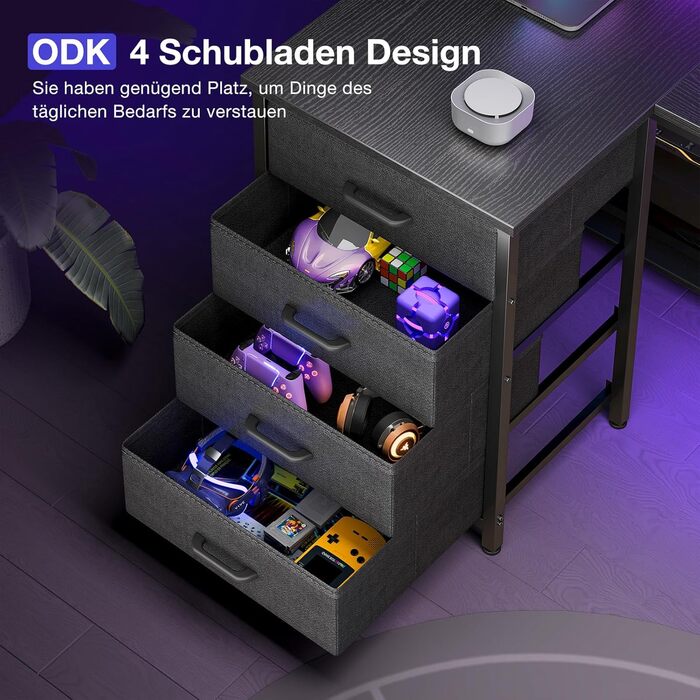 Кутовий письмовий стіл ODK з 4 тканинними шухлядами, 140x80 см, двосторонній L-подібний стіл з 2 розетками та 2 портами зарядки USB, L-подібний ігровий стіл зі світлодіодним освітленням та підставкою для монітора для домашнього офісу, чорний 140 x 80 см