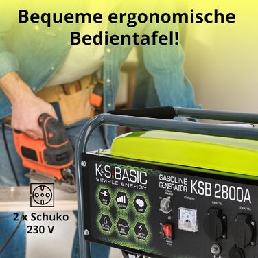 Бензиновий генератор KSB 2800A з алюмінію, 6,5 к.с. - 4-тактний бензиновий двигун з автоматичним регулятором напруги, 230 В (AVR), 2800 Вт, 16 А, для дому та відпочинку