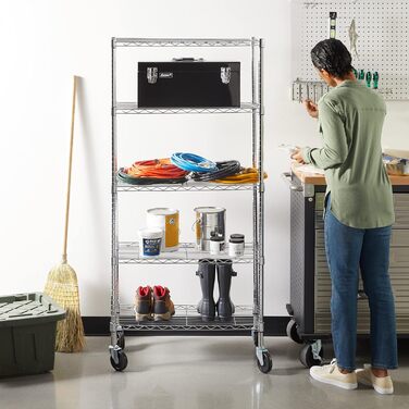 Стелаж Storeo Basics на 5 полиць, середній, на колесах (10,2 см) з регульованими по висоті полицями та ніжками, макс. навантаження 680 кг, хром, 35.6 x 76.2 x 164.5 см