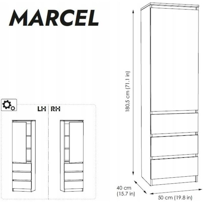 Шафа з шухлядами - Шафа з 3 шухлядами та полицями - Шафа шириною 50 см, висотою 180,5 см, глибиною 40 см - Спальня, дитяча кімната, шафа для білизни - Білий