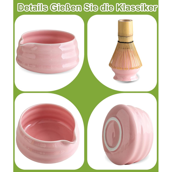 Набір для матча Рожева Гармонія (7 предметів) бамбуковий вінчик (часен) та підставка, чаша для матча з носиком, ситечко, ложка та підставка, японський набір для чаю матча для поціновувачів рожевий з носиком