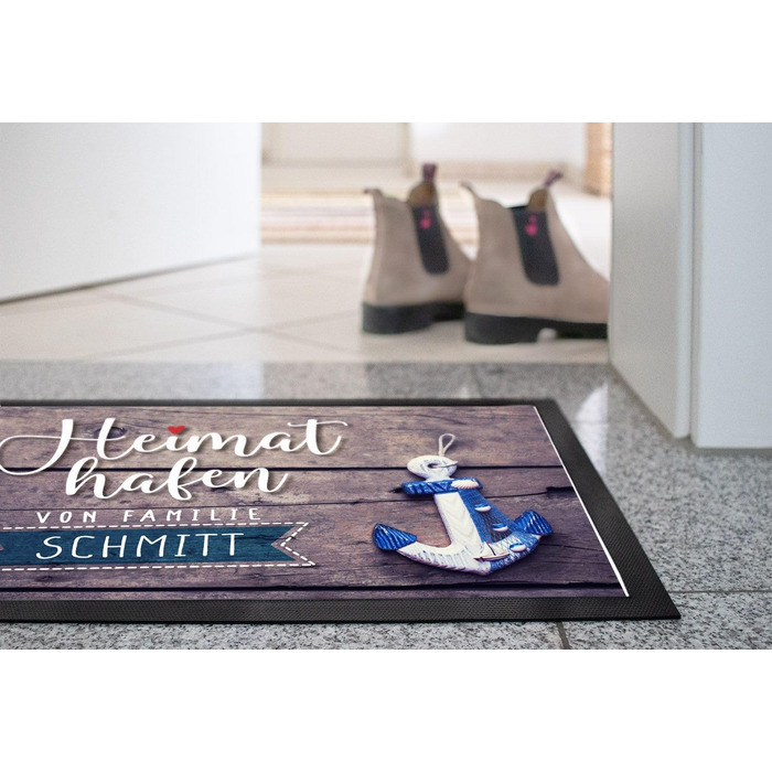 Персоналізований килимок для дверей &quotHome Port&quot з прізвищем, мотивом якоря, морським декором, нековзний та миється, чорний, 60x40 см, &quotHome Port&quot коричневий/чорний