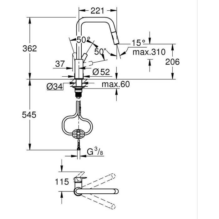 Кухонний змішувач GROHE Start, 2 режими струменя (висувний вилив, поворот на 360, економія води, монтаж без інструментів), матовий чорний, 306312430