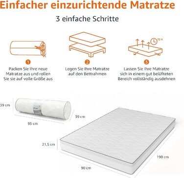 Матрац Storeo Basics із 7-зонними пружинами Pocket Spring, середньої жорсткості (H3), 90 x 190 x 21,5 см, білий