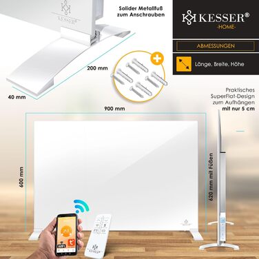 Інфрачервоний обігрівач KESSER 520 Вт, алюмінієвий обігрівач, енергозберігаючий, окремостоячий та настінний, електричний обігрівач 2-в-1 з датчиком відкритого вікна дистанційним керуванням та керуванням через додаток, термостат, інфрачервона нагрівальна п
