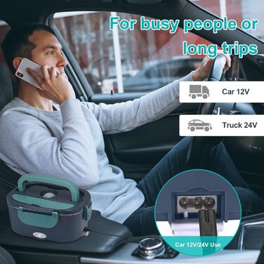 Електричний ланч-бокс XREXS, 3 в 1 (12 В/24 В/220 В) 60 Вт 1,5 л підігрівач їжі для автомобіля, електричний ланч-бокс з нержавіючої сталі/вантажівки, для дому, кемпінгу, портативний підігрівач бенто 60 Вт з виделкою та ложкою