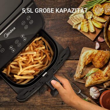 Фритюрниця Midea MF-CN55A2 5.5 л XXL фритюрниця, цифровий дисплей, 8 різних програм, безкоштовний вибір температури від 30 до 200C, 1700 Вт, чорний 5.5 л