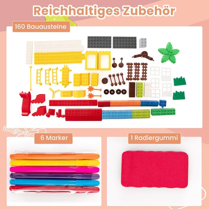 Дитячий столик GOPLUS зі стільцем, дитячий мольберт з двосторонньою стільницею та дошкою, 2 коробки для зберігання, 160 будівельних блоків, ігровий столик, робочий стіл для дітей від 3 років