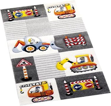 Ігровий килимок дитяча кімната будівельний майданчик дорожні знаки екскаватор кран кремовий сірий жовтий розмір 200 х 290 см