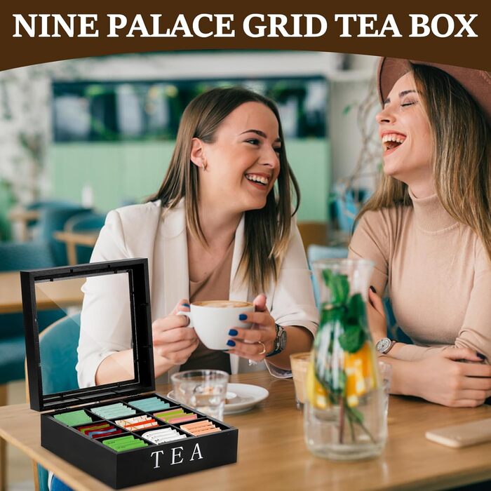 Чайна коробка, коробка для чайних пакетиків з 9 відділеннями, дерев&39яна ємність для чаю, елегантна коробка для зберігання чаю, бляшанка з прозорою кришкою-віконцем для зберігання чаю з захистом від аромату (чорна)