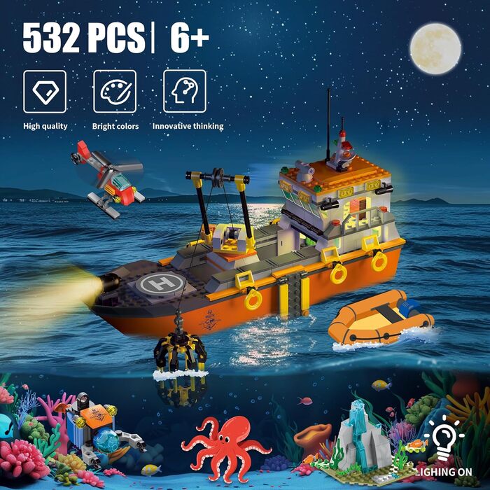 Міська плавуча іграшка для будівництва кораблів, океанський дослідницький корабель, човен, дослідницьке судно, іграшка зі світлодіодним підсвічуванням, гелікоптер, підводний човен, клітка для акул, подарунки на день народження для хлопчиків 6-12 років, ді