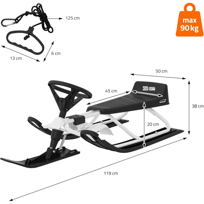 Німеччина Санки з кермом, дитячі санки від 5 років, скібоб для дітей та дорослих до 90 кг, санки з кермом, ножні гальма, тяговий т