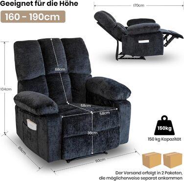 Крісло для телевізора з функцією відкидання, відкидне крісло з імітацією лляної тканини, крісло/відкидне крісло, вантажопідйомність до 150 кг, для вітальні (темно-сіре, маленьке)