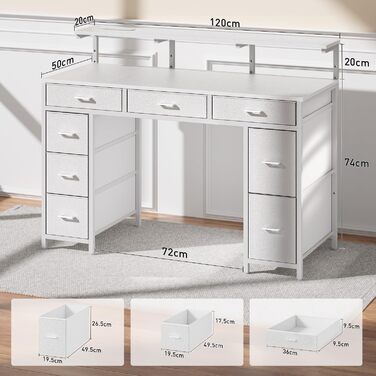 Письмовий стіл з 8 шухлядами, комп&39ютерний стіл з 2 розетками та 2 USB-портами для зарядки, офісний стіл зі світлодіодним освітленням та підставкою для монітора, ПК-стіл для офісу, вітальні, 120 x 50 x 74 см, білий