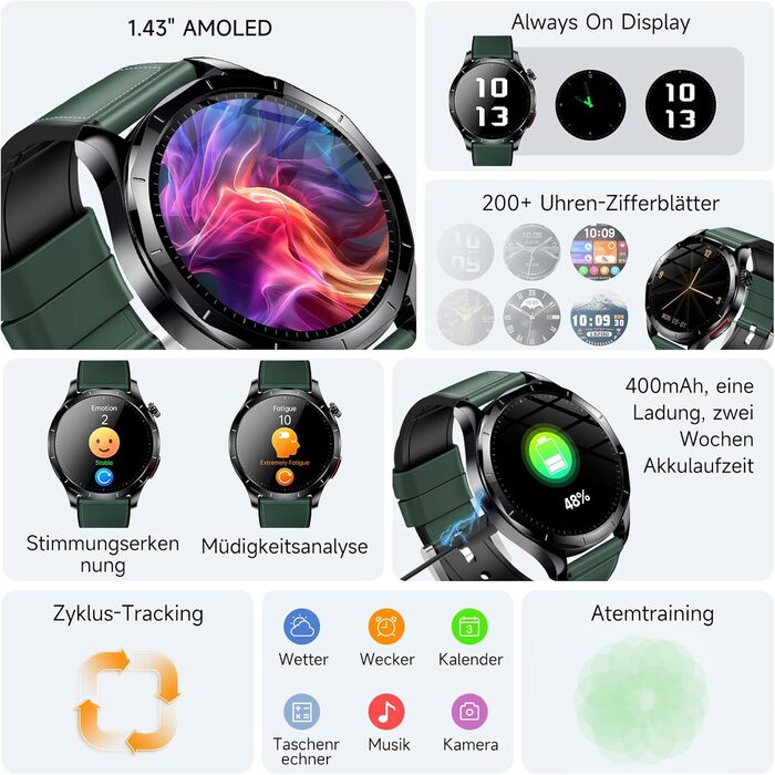 Новий чоловічий смарт-годинник 2026 року з ЕКГ/ВСР/кров&39яним тиском/ІМТ/сечовою кислотою, 1,43-дюймовий AMOLED-годинник для здоров&39я з 24-годинним вимірюванням кров&39яного тиску, SpO2, апное, монітором сну, екстреним викликом SOS, фітнес-годинник, An