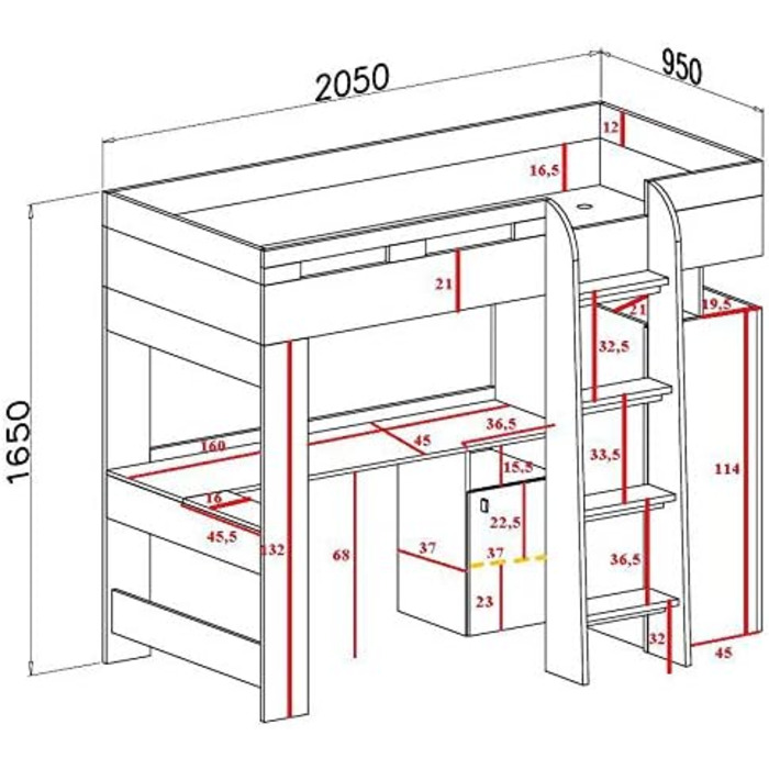Ліжко-горище/двоярусне ліжко, композиція MOBI System 20 з письмовим столом і шафою. Комплект дитячих меблів. (білий/жовтий)