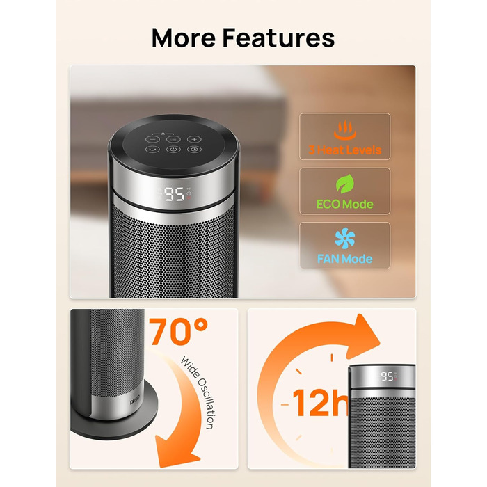 Дюймовий вентилятор-обігрівач Dreo, тихий електричний обігрівач потужністю 2000 Вт для спальні з пультом дистанційного керування, 12-годинний таймер, коливання 70, 5 режимів, керамічний PTC з термостатом, обігрівач для великих кімнат, офіс, сріблястий, 23