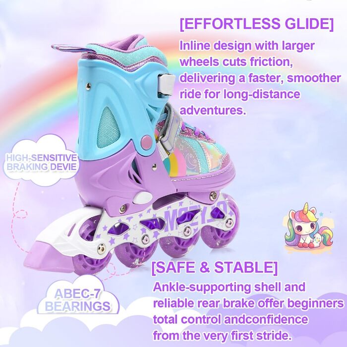 Роликові ковзани для дітей, дівчаток та хлопчиків, райдужний дизайн, дитячі роликові ковзани 4 розмірів для використання в приміщенні та на вулиці, розмір S (EU 28-31), фіолетовий