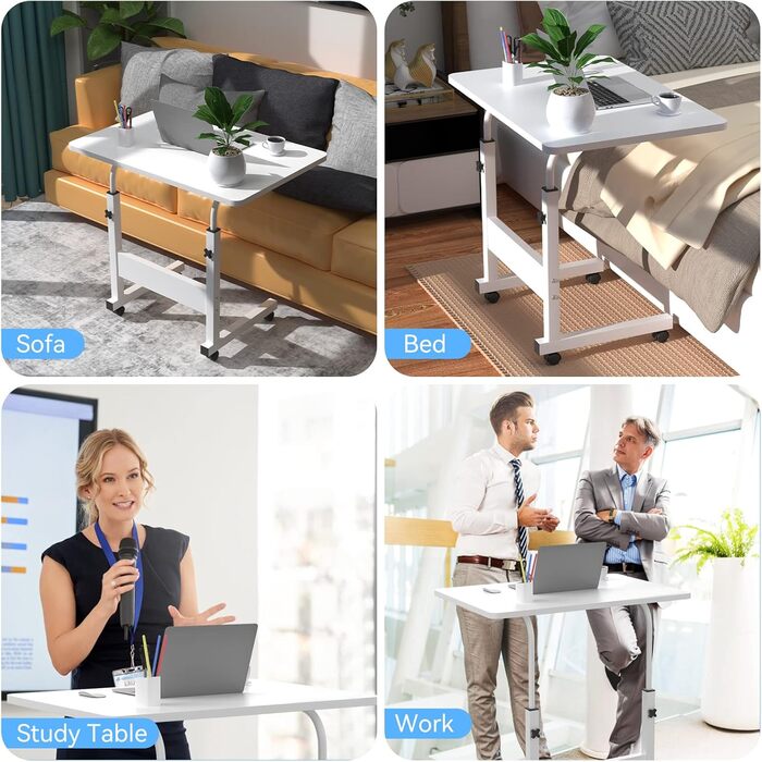 Стіл для ноутбука 60x40 см з колесами, регульована висота 69-90 см, письмовий стіл, комп&39ютерний стіл, мобільний стоячий стіл, столик над ліжком, поворотна стільниця на 360, бічний столик для дивана, білий 60x40 см C-white