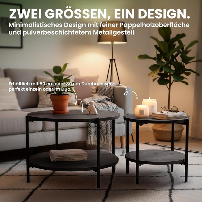 Круглий дерев&39яний журнальний столик CLP Edduma, диванний столик з 2 полицями та місцем для зберігання, невеликий бічний столик з чорним металевим каркасом, колір сірий, розмір Ø 80 см Ø 80 см сірий