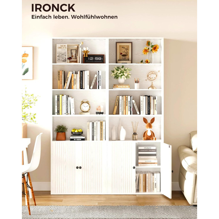 Книжкова шафа IRONCK з дверцятами, 6-ярусна полиця, висота 180 см, дерев&39яна окремостояча полиця, відкрита полиця для зберігання речей для кабінету, офісу, вітальні, спальні (біла)