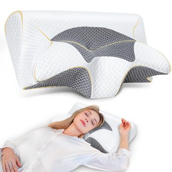 Подушка для шиї SAHEYER з піни з ефектом пам&39яті, подушка для підтримки шиї 2 в 1, подушка для голови для сну на боці, животі та спині, з пральною та дихаючою наволочкою, 59 * 43 * 12/15 см, сіро-біло-сіра