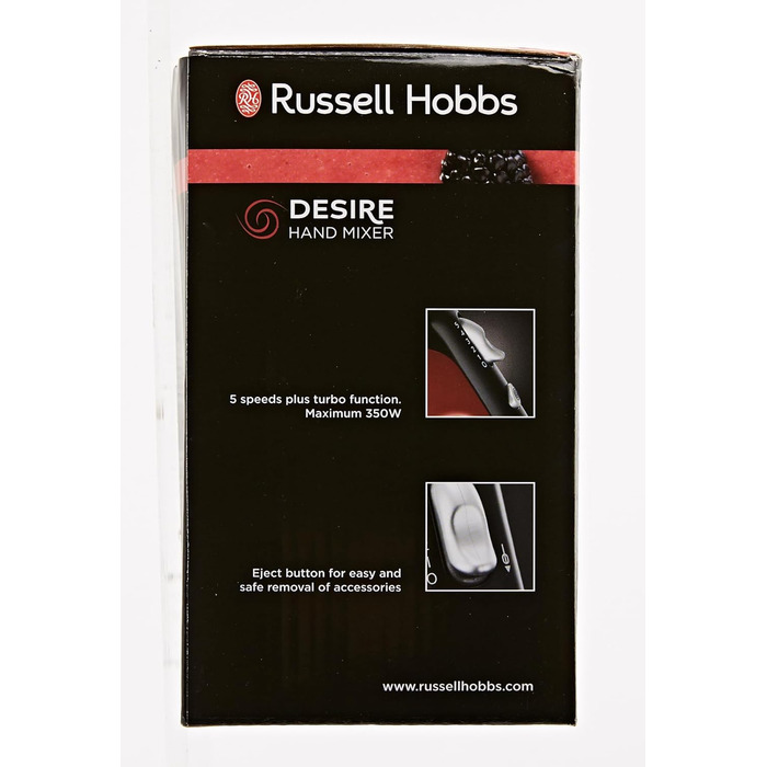 Ручний міксер Russell Hobbs ручний міксер Desire Red (5 рівнів швидкості функція турбо, 2 вінчики для посудомийної машини та гачки для тіста, кнопка виймання, вертикальне паркувальне положення) Ручний міксер 24670-56 Ручний міксер Desire одинарний