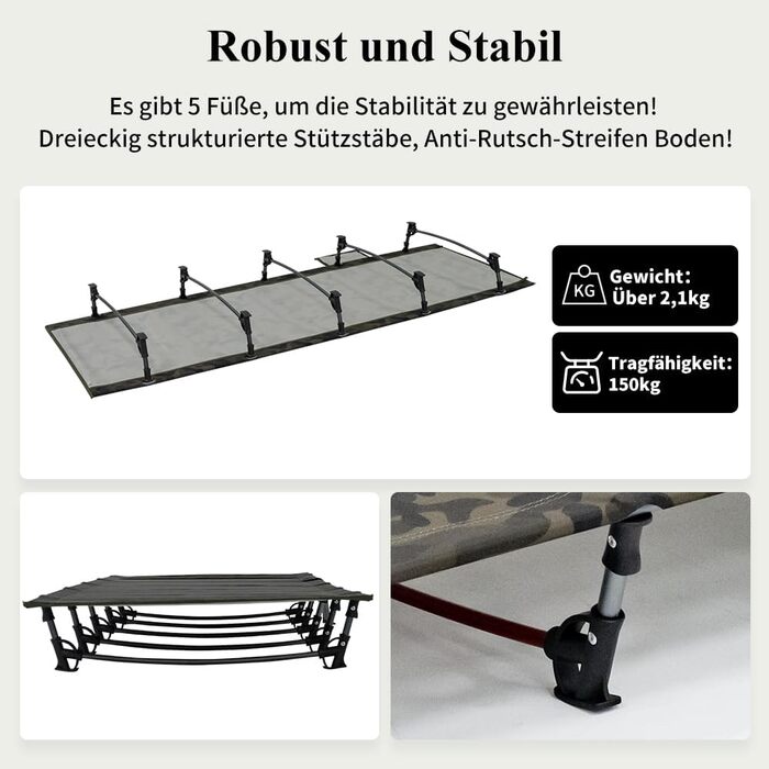 Надлегке розкладне похідне ліжко 190x70 см з алюмінію, компактне туристичне ліжко, легке в установці, міцне туристичне ліжко для наметів, походів на свіжому повітрі, подорожей, пляжу - камуфляжно-зелене