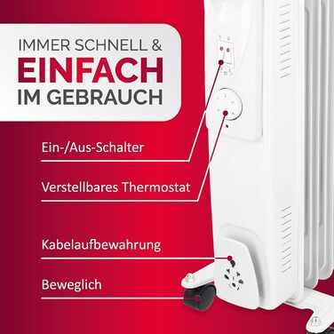 Масляний радіатор Alpina 1500 Вт Електричний обігрівач з термостатом Електричний радіатор опалення Портативний електричний радіатор на колесах Компактний електричний підставний обігрівач із захистом від перегріву Білий