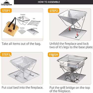 Портативний гриль Campingmoon, складне вогнище для вулиці, дров&39яна піч з нержавіючої сталі для 1-2 осіб з сумкою для перенесення X-MINI-PRO Міні-гриль на деревному вугіллі CM-X-MINI-PRO