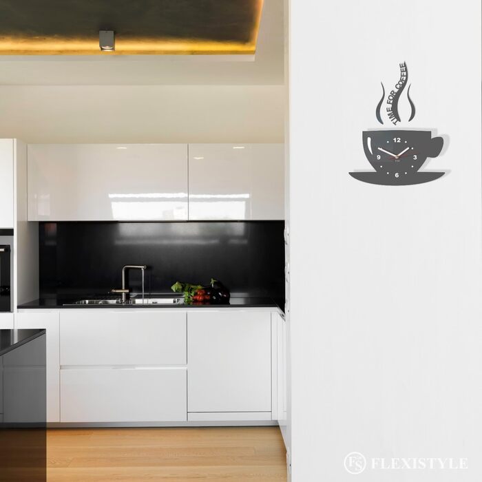 Настінний годинник FLEXISTYLE Time for Coffee для сучасної кухні, сірий, 3D римські цифри, декор для стін, 32 x 19 см